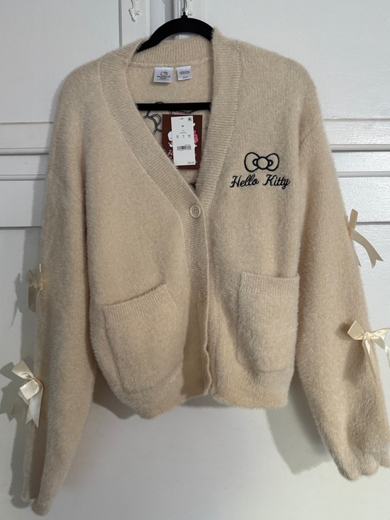 Hello Kitty Sweaters - Hello Kitty and Friends Cream Cardigan with Embroidered Logo- size Medium
